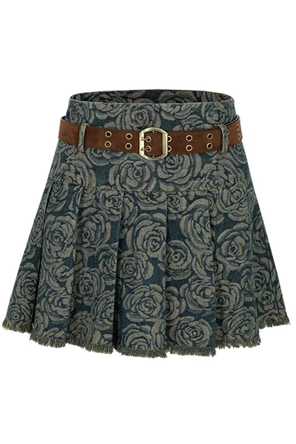 Floral Denim Skirt With Belt