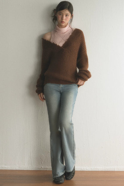 Off-Shoulder Knit Top With Vest and Pants Set-Up