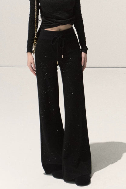 Silver-Embellished High-Waisted Wide-Leg Pants