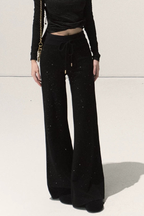 Silver-Embellished High-Waisted Wide-Leg Pants