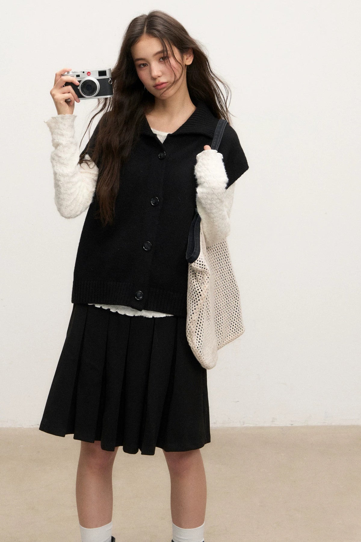 Ensemble cardigan gilet en maille à revers noir