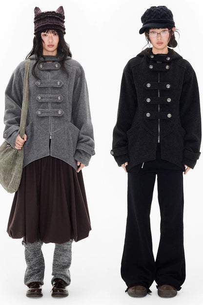 Woolen Hooded Irregular Hem Jacket