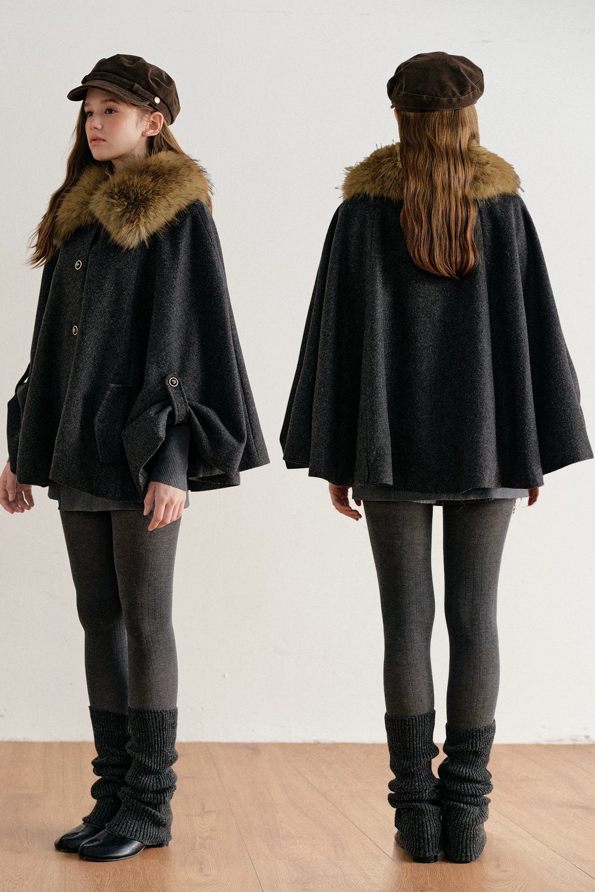 Detachable Large Fur Collar Woolen Cape