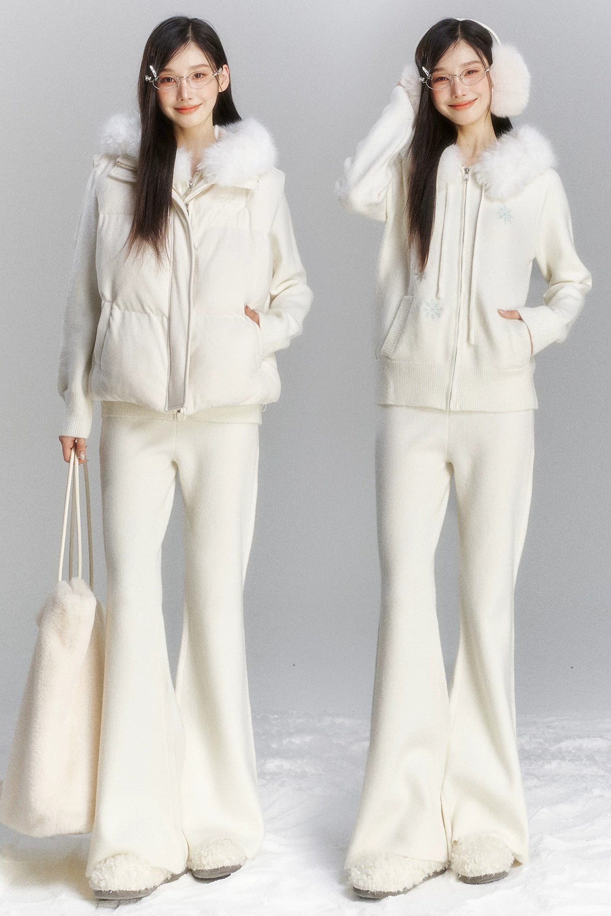 Embroidered Hooded Fur Collar Cardigan Jacket Set-Up