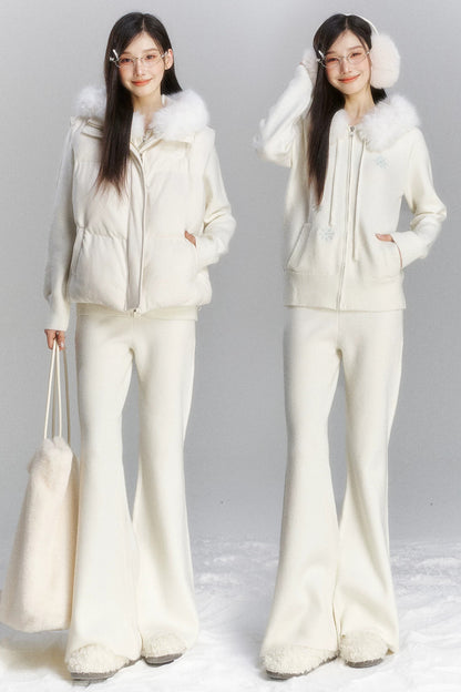 Embroidered Hooded Fur Collar Cardigan Jacket Set-Up