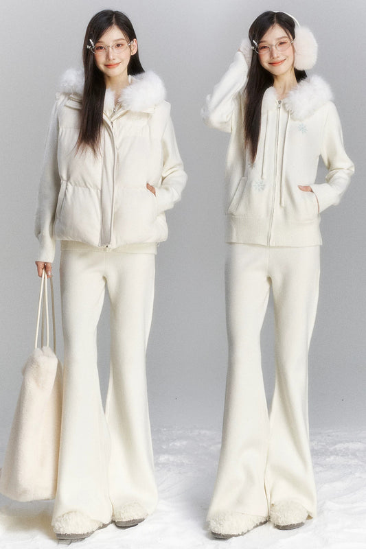 Embroidered Hooded Fur Collar Cardigan Jacket Set-Up