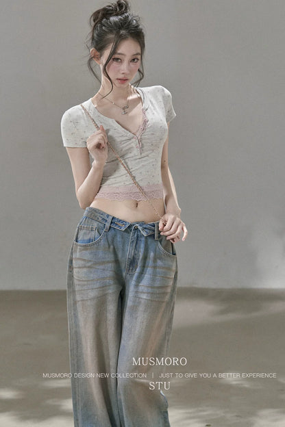 Low-Rise Complex Denim Pants