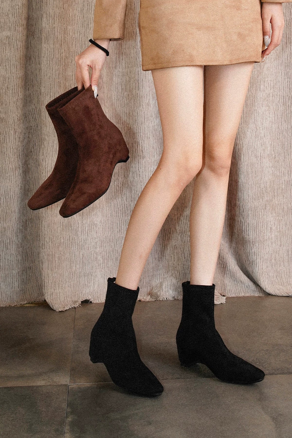 Chunky Heel Elastic Suede Ankle Boots
