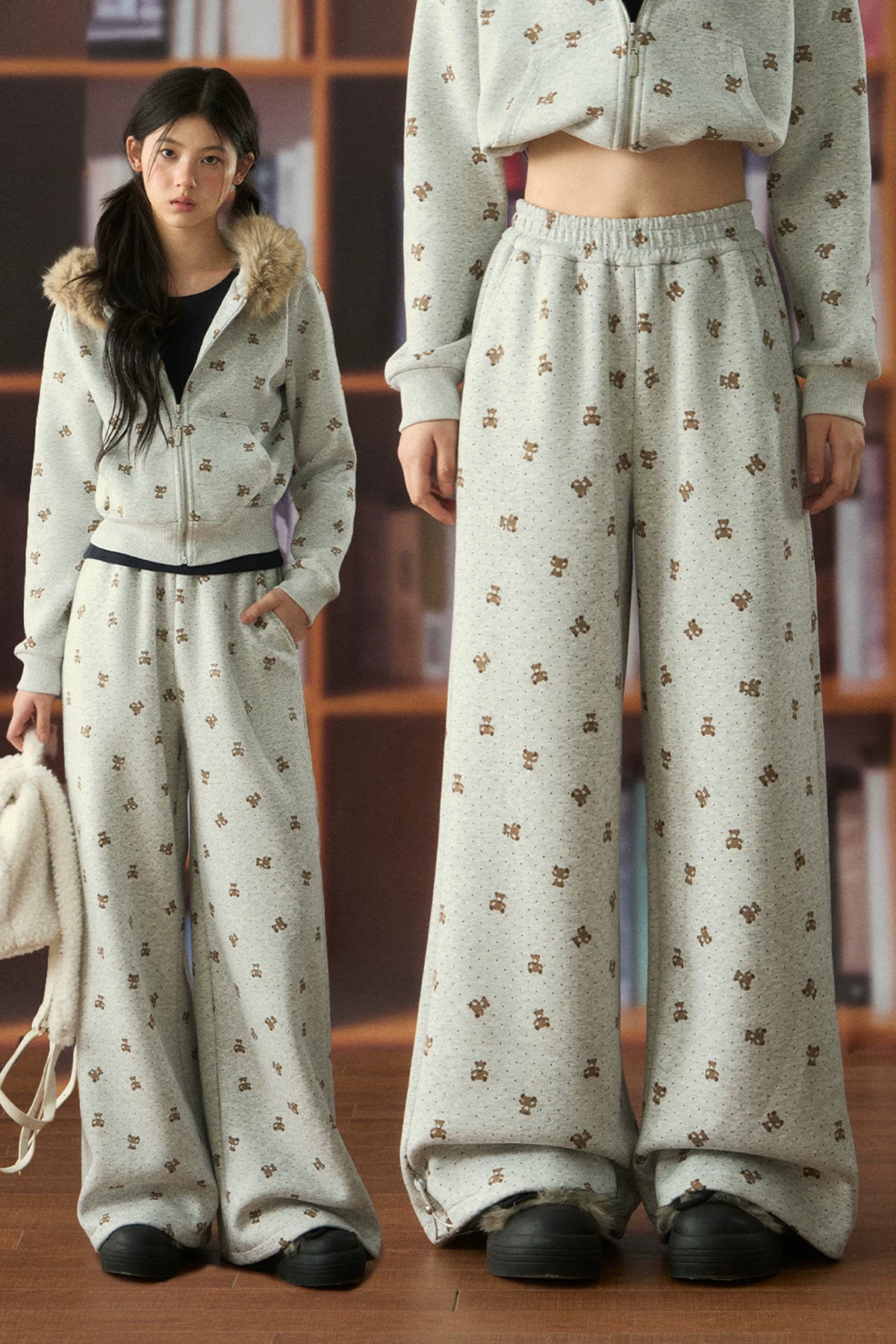 Elastic Waist Bear Print Wide-Leg Pants