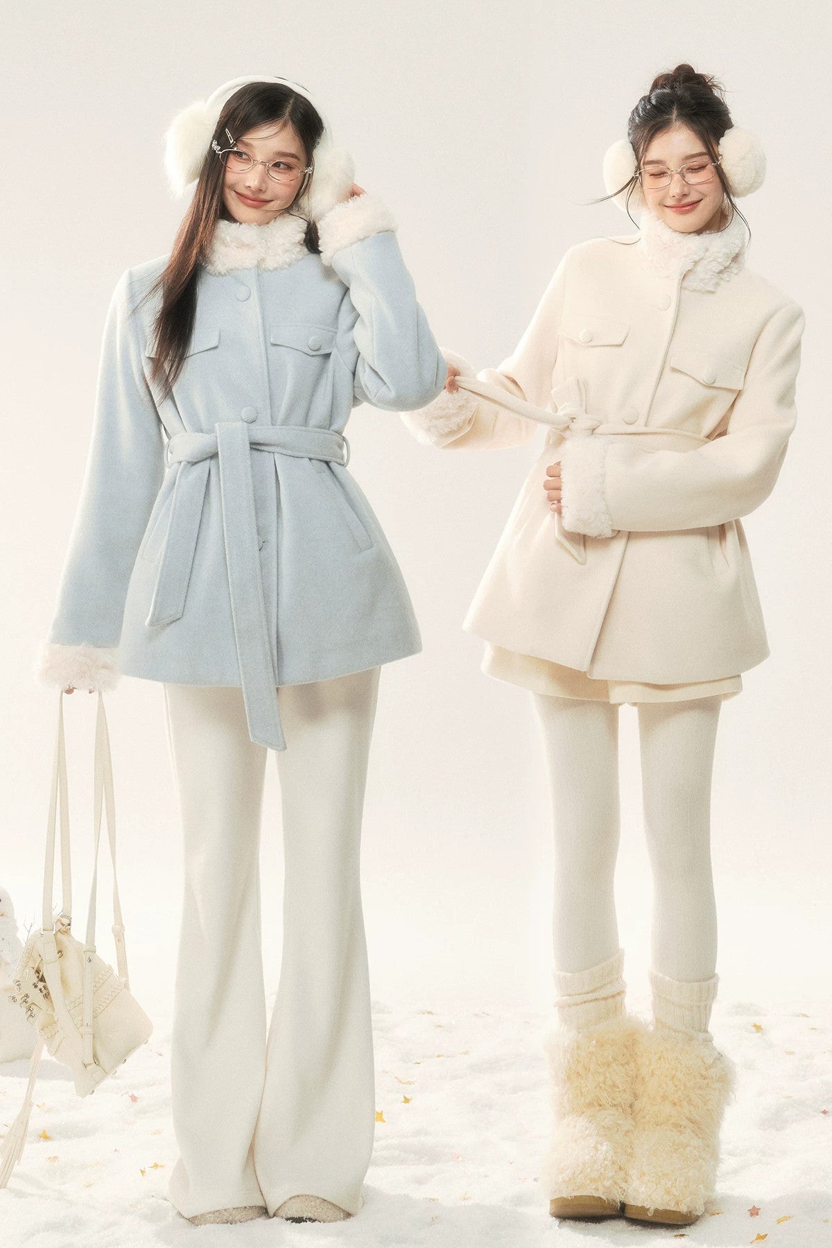 Woolen Fur Collar Tie-Up Jacket and Pants Set-Up