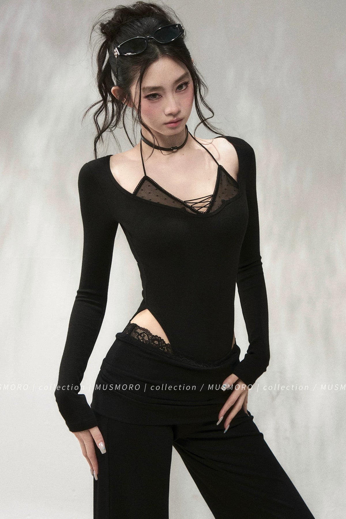 Polka Dot Mesh Lace-Up Knit T-Shirt