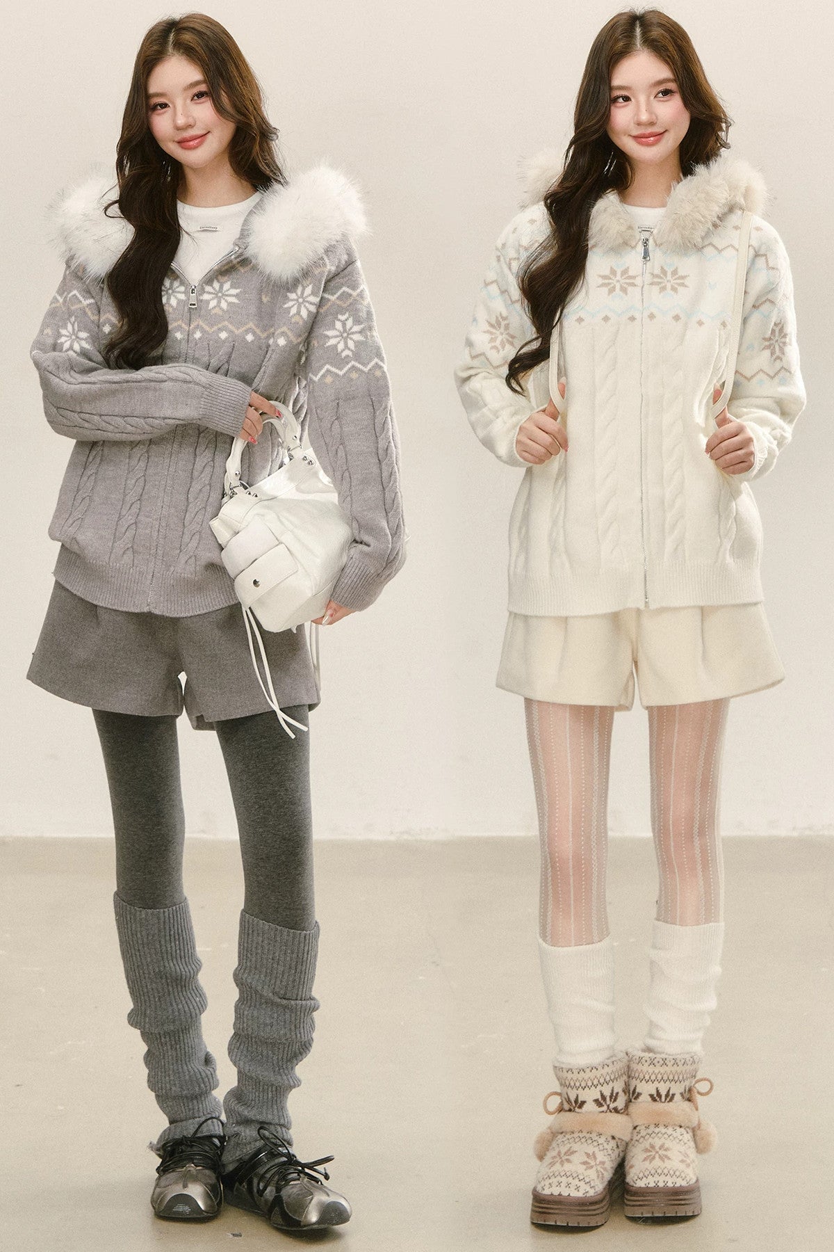 Fair Isle Hooded Knit Cardigan and Woolen Shorts Set-Up