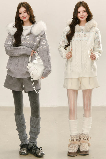 Fair Isle Hooded Knit Cardigan and Woolen Shorts Set-Up