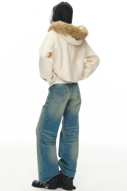 White Wool Hooded Jacket and Jeans Set-Up