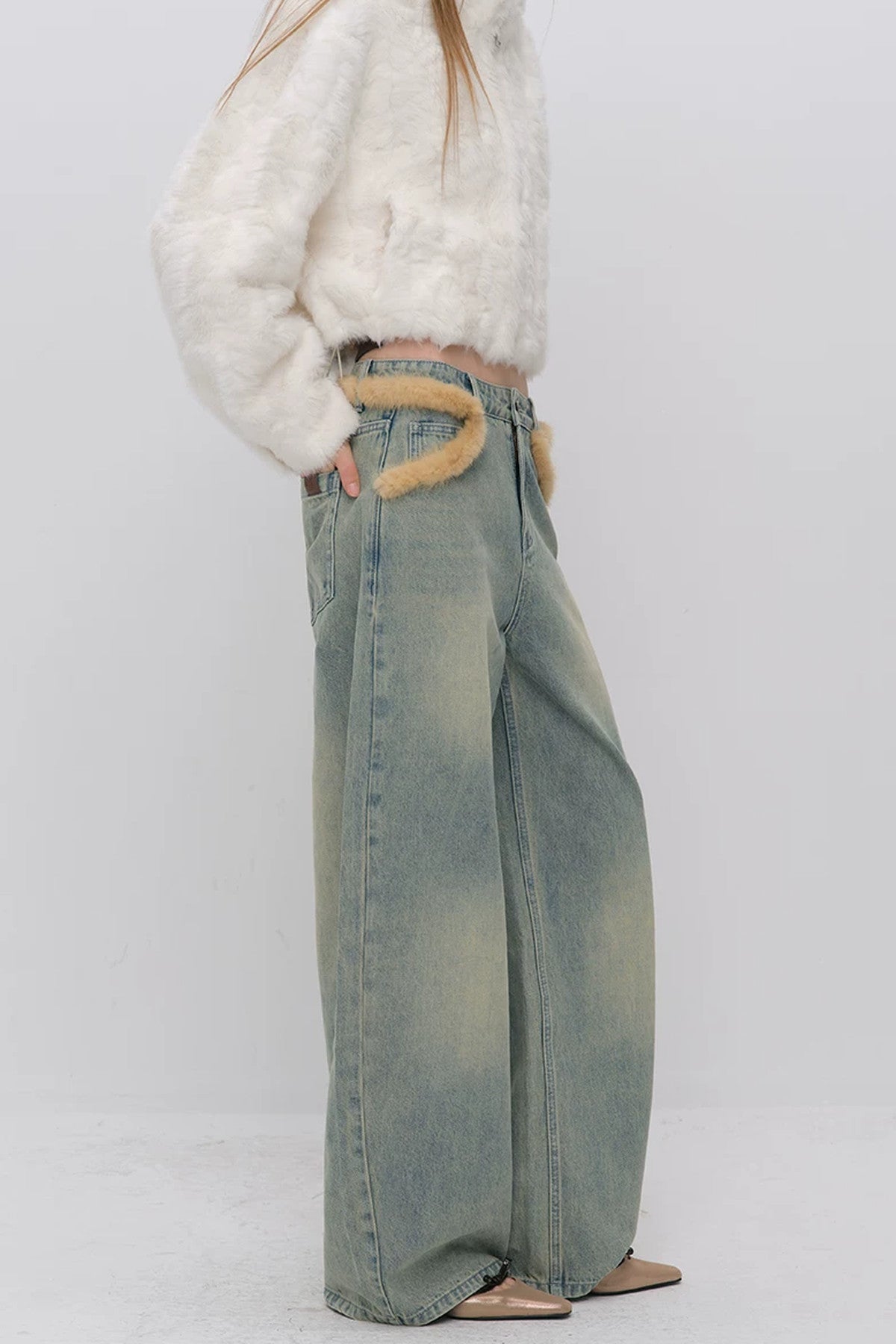 Fur Patch Wide-Leg Jeans