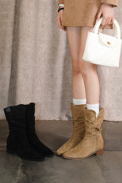 Woven Pointed Toe Chunky Heel Short Boots