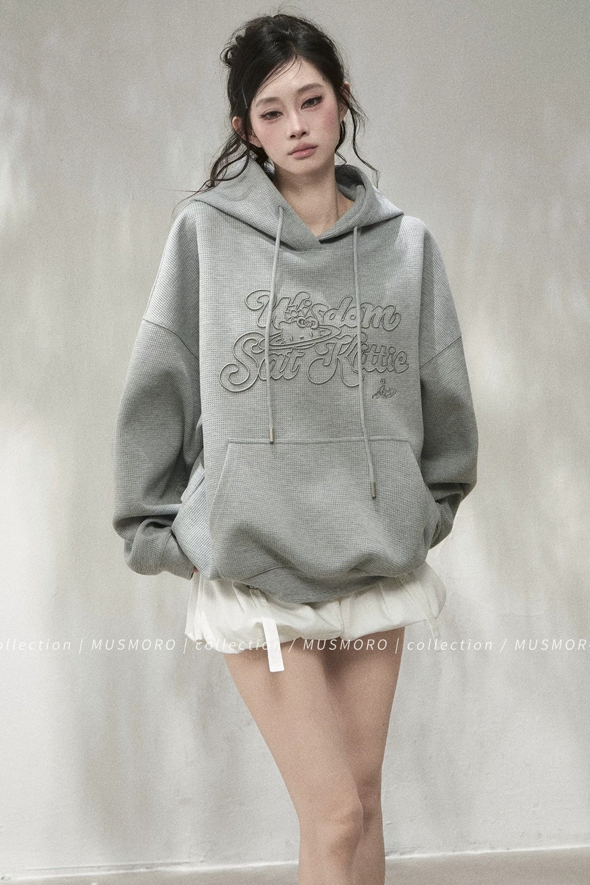 3D Embroidered Cat Waffle Hooded Sweatshirt