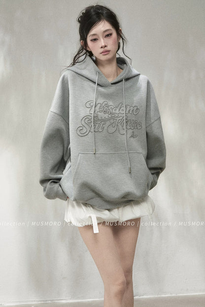 3D Embroidered Cat Waffle Hooded Sweatshirt