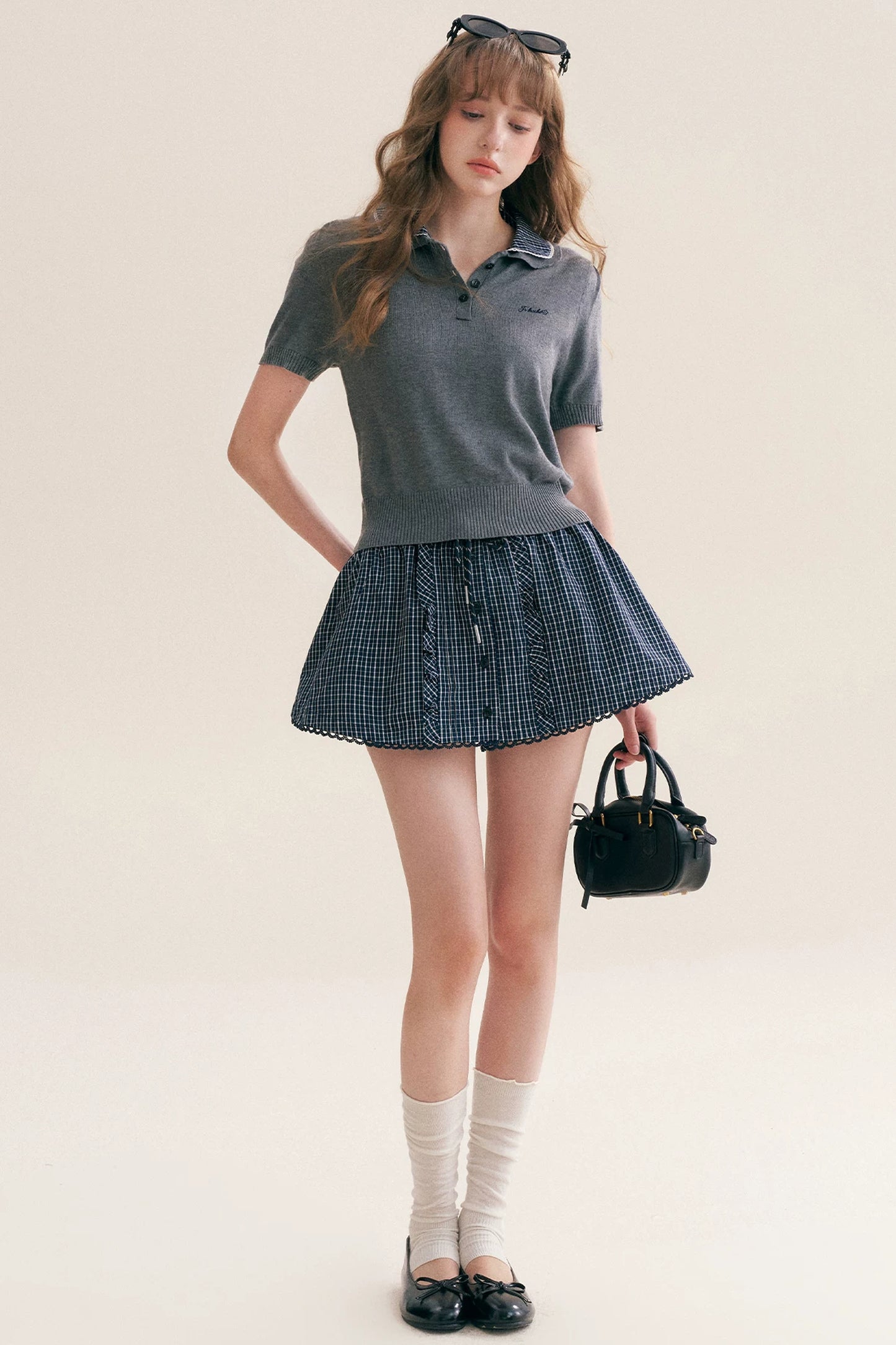 Kariertes Polo-Rock-Set aus Wollmischung