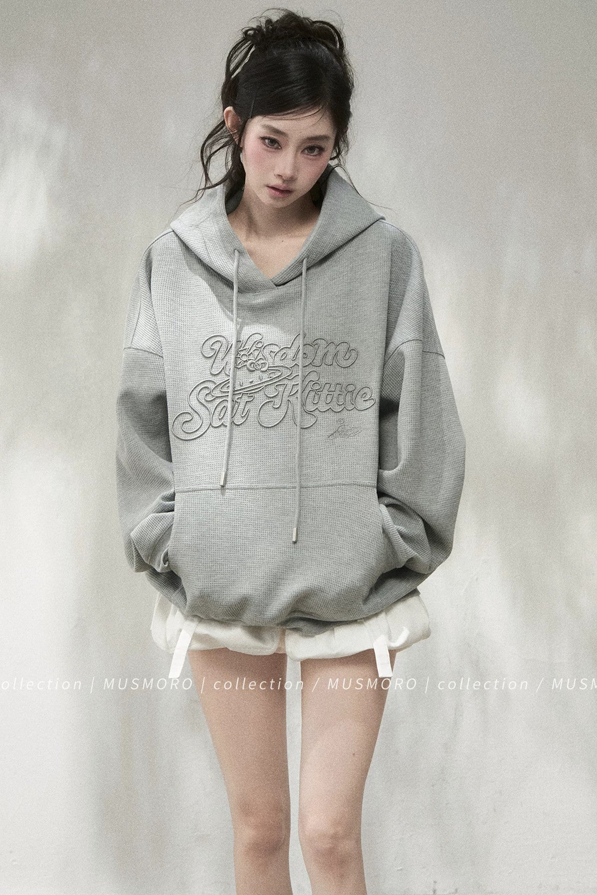 3D Embroidered Cat Waffle Hooded Sweatshirt