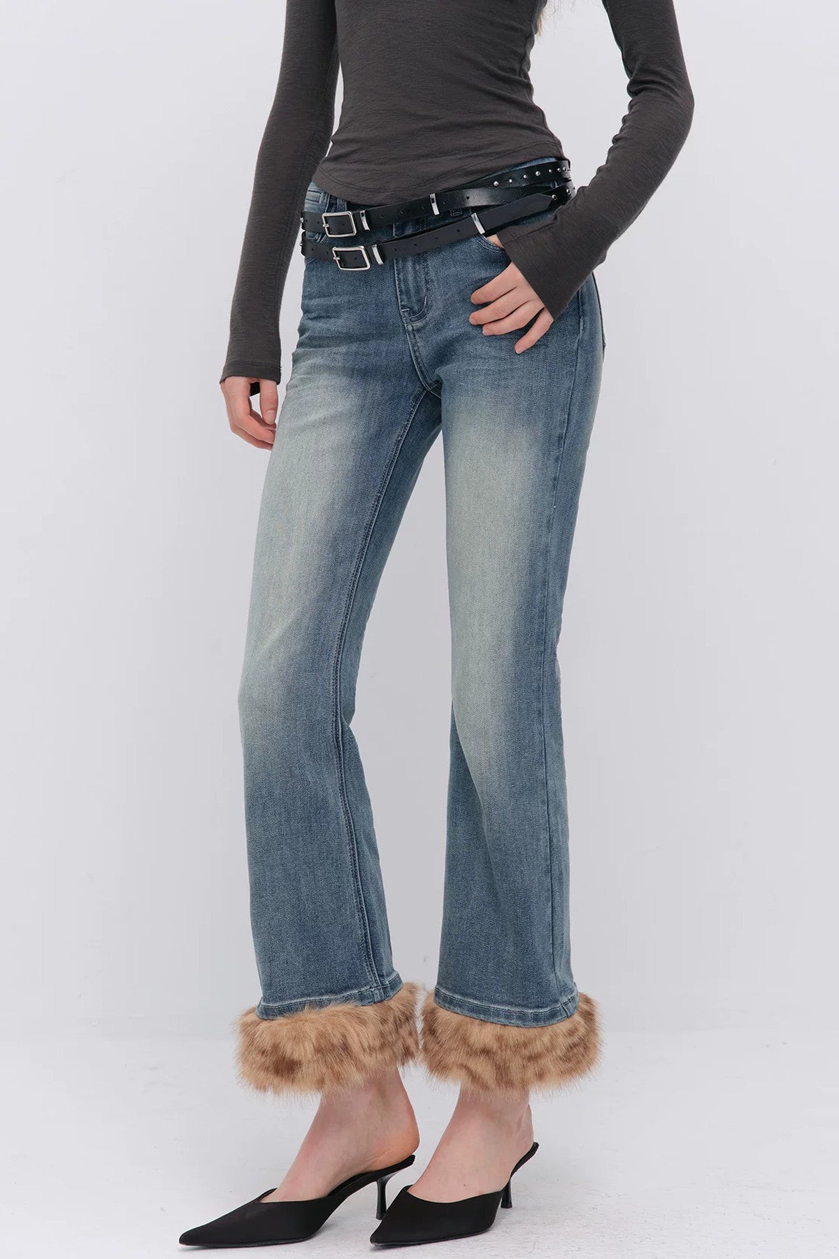 Detachable Frayed Hem Washed Flared Jeans