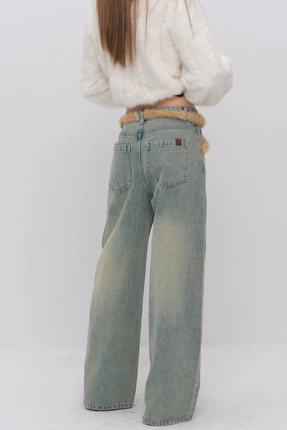 Fur Patch Wide-Leg Jeans