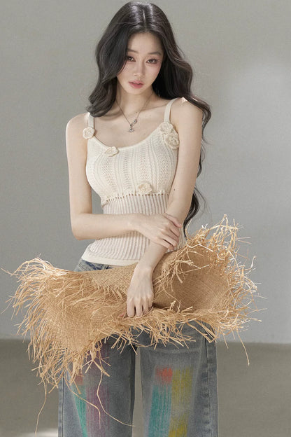 Handmade 3D Flower Hollow Knit Camisole