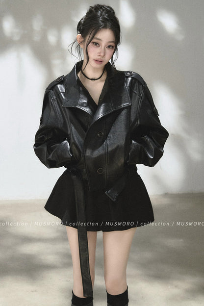 Double-Breasted Stand-Collar Leather Jacket