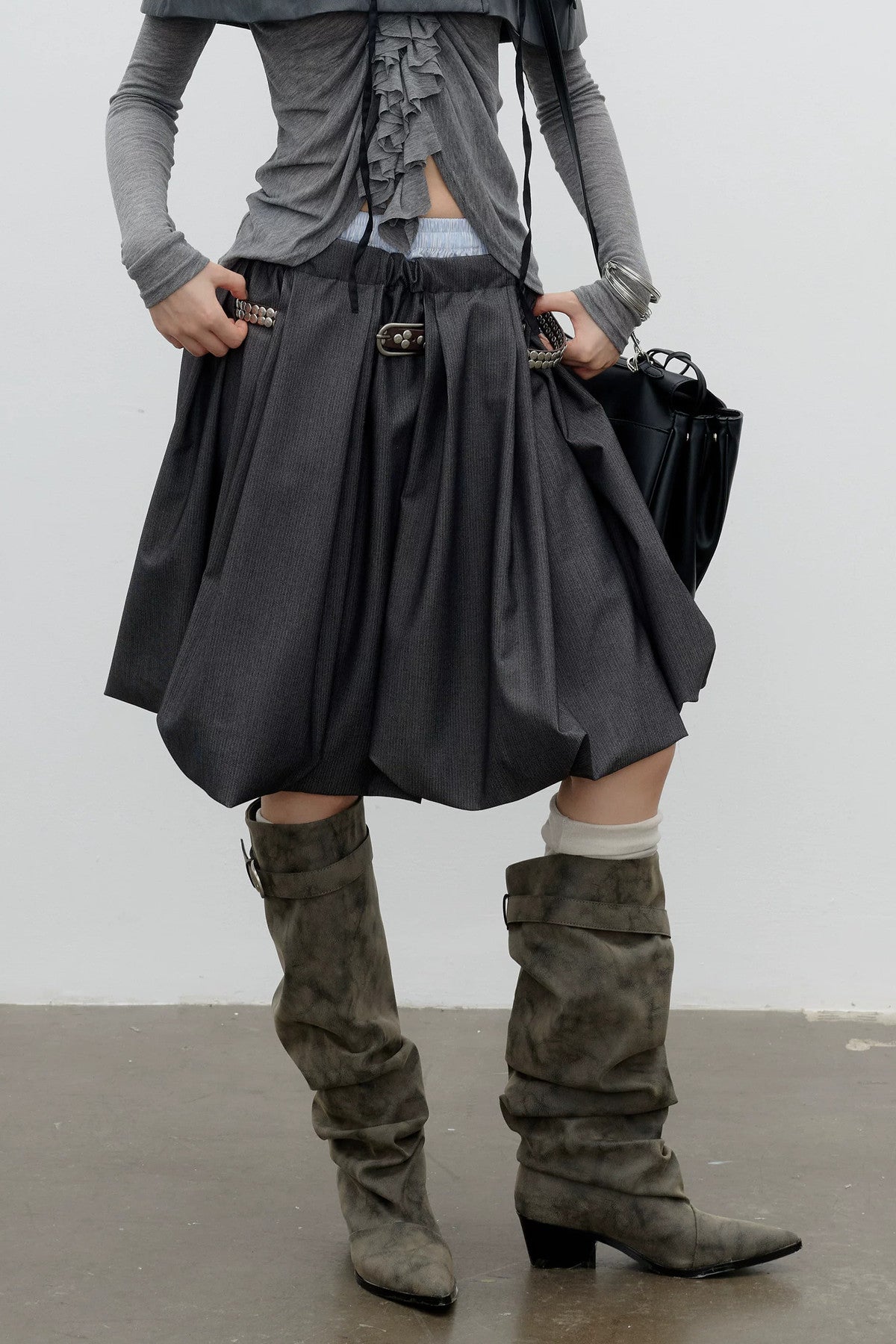 Double Waistband Pleated Bubble Lantern Skirt