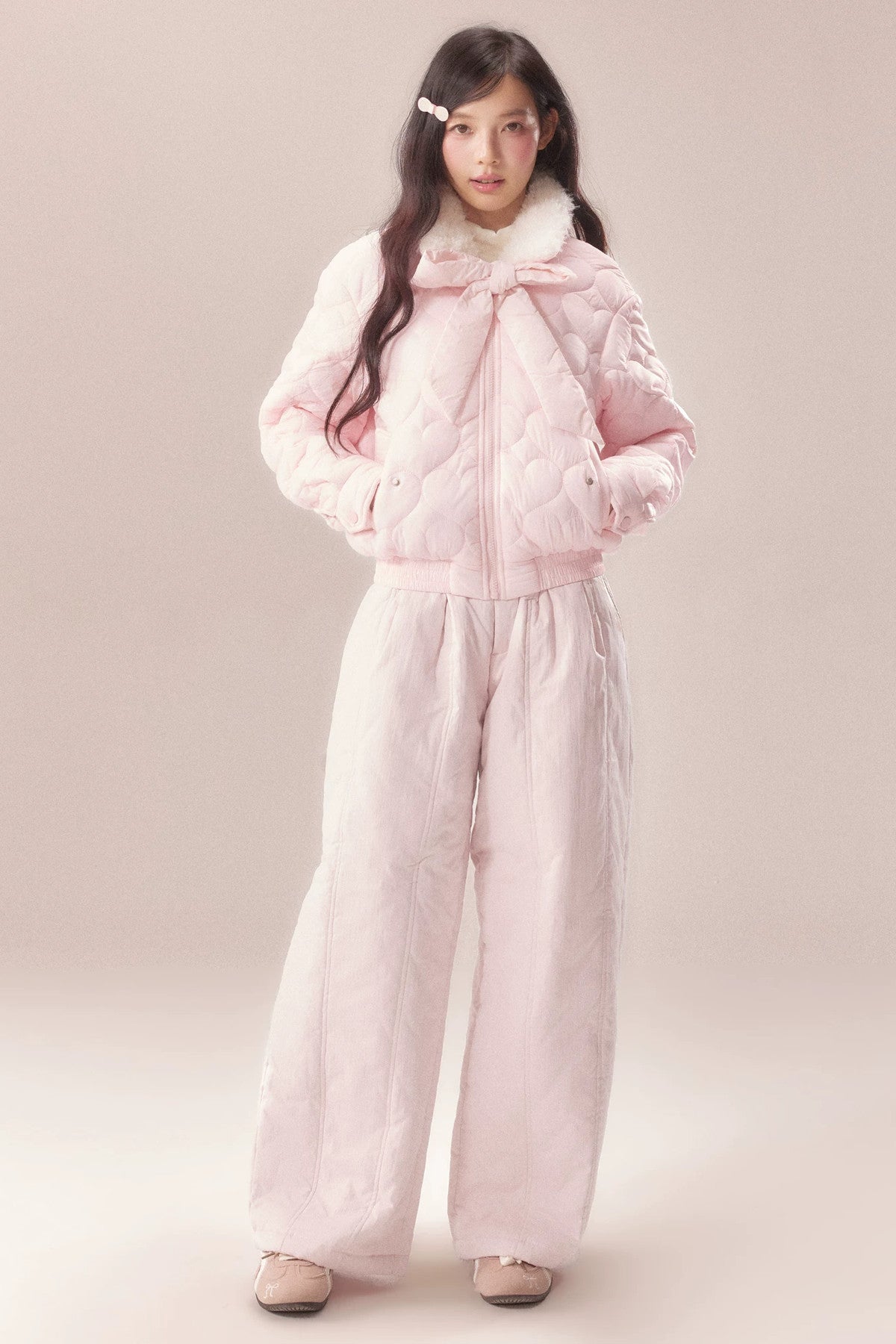 Heart Embossed Bow Padded Jacket