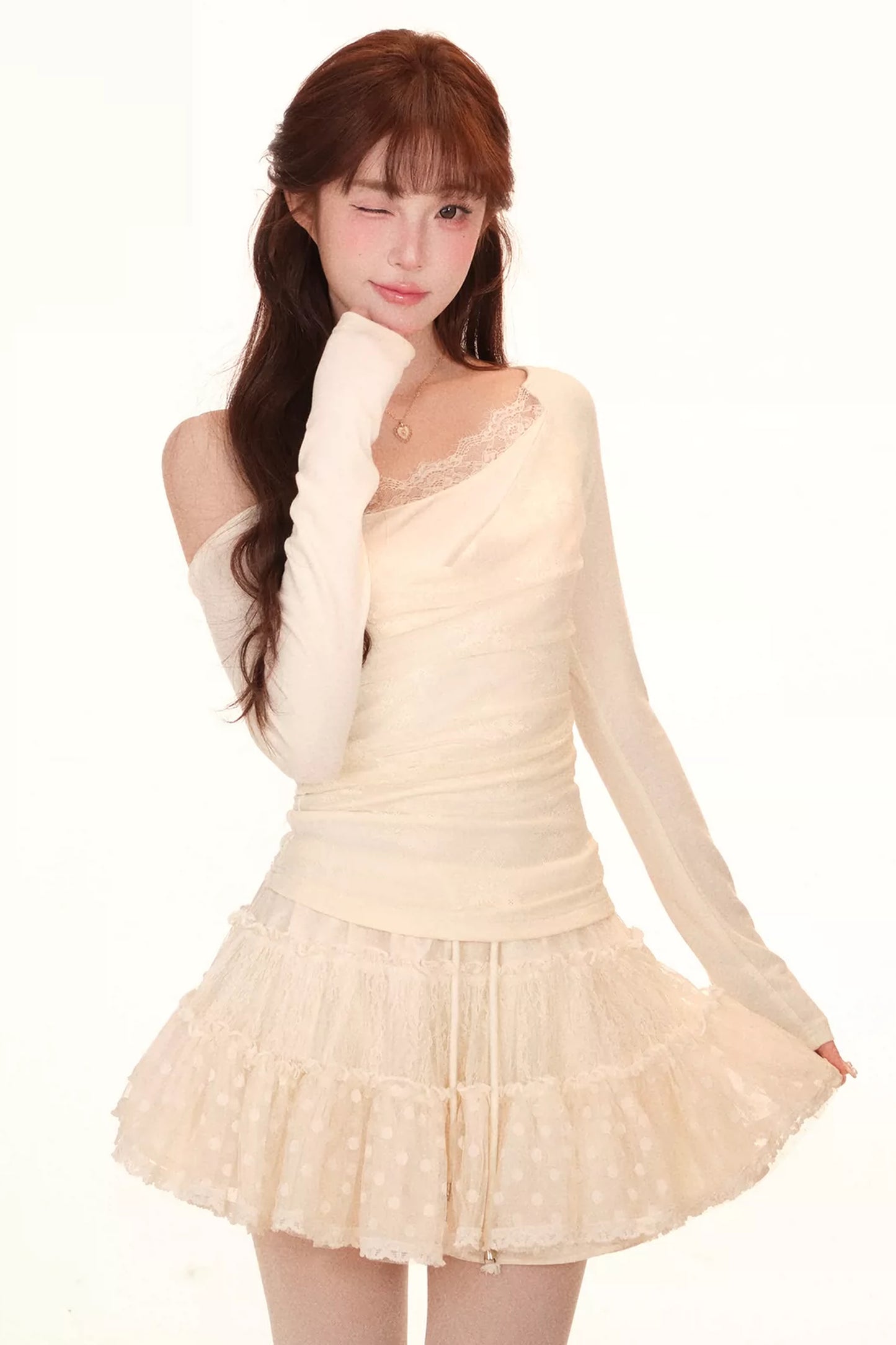 Off-Shoulder Lace Knit Top and Skirt Set-Up
