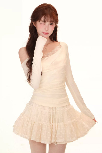 Off-Shoulder Lace Knit Top and Skirt Set-Up
