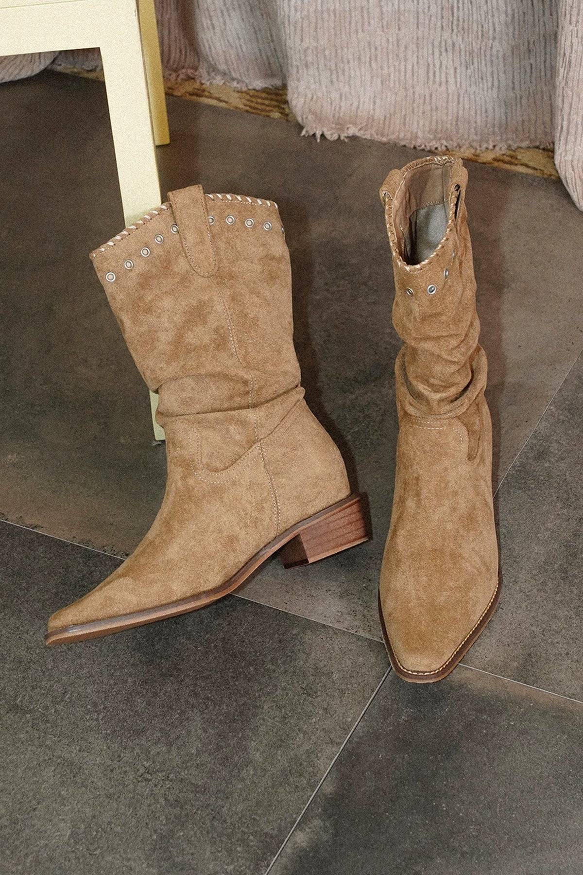Western Rivet Slouchy Mid-Calf Boots