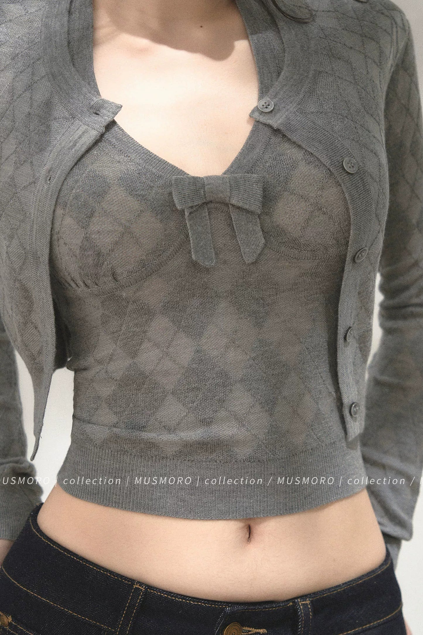 Grey Argyle Knit Cardigan With Camisole Set-Up
