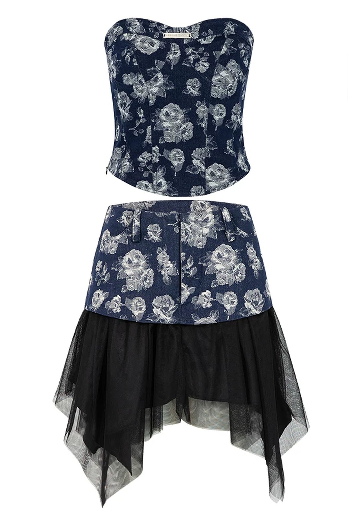 Completo Rose con top a fascia in denim e gonna a mezza lunghezza in garza
