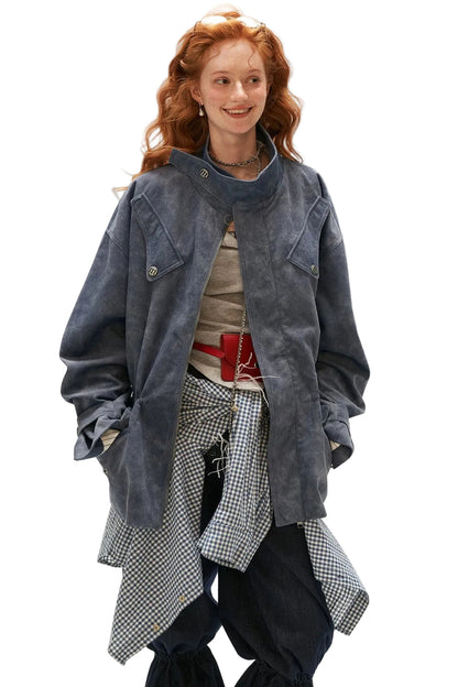 Giacca a righe in finta pelle scamosciata con coulisse