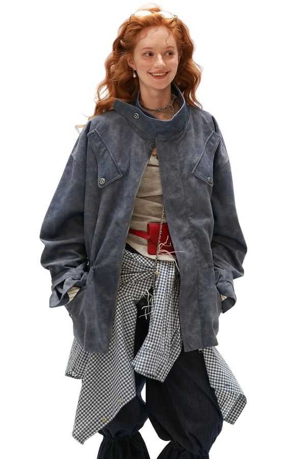 Striped Faux Suede Drawstring Jacket