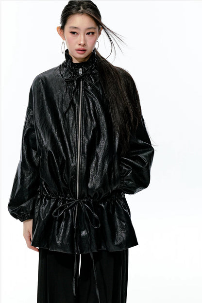 Textured Silhouette Drawstring Tie Waist Jacket