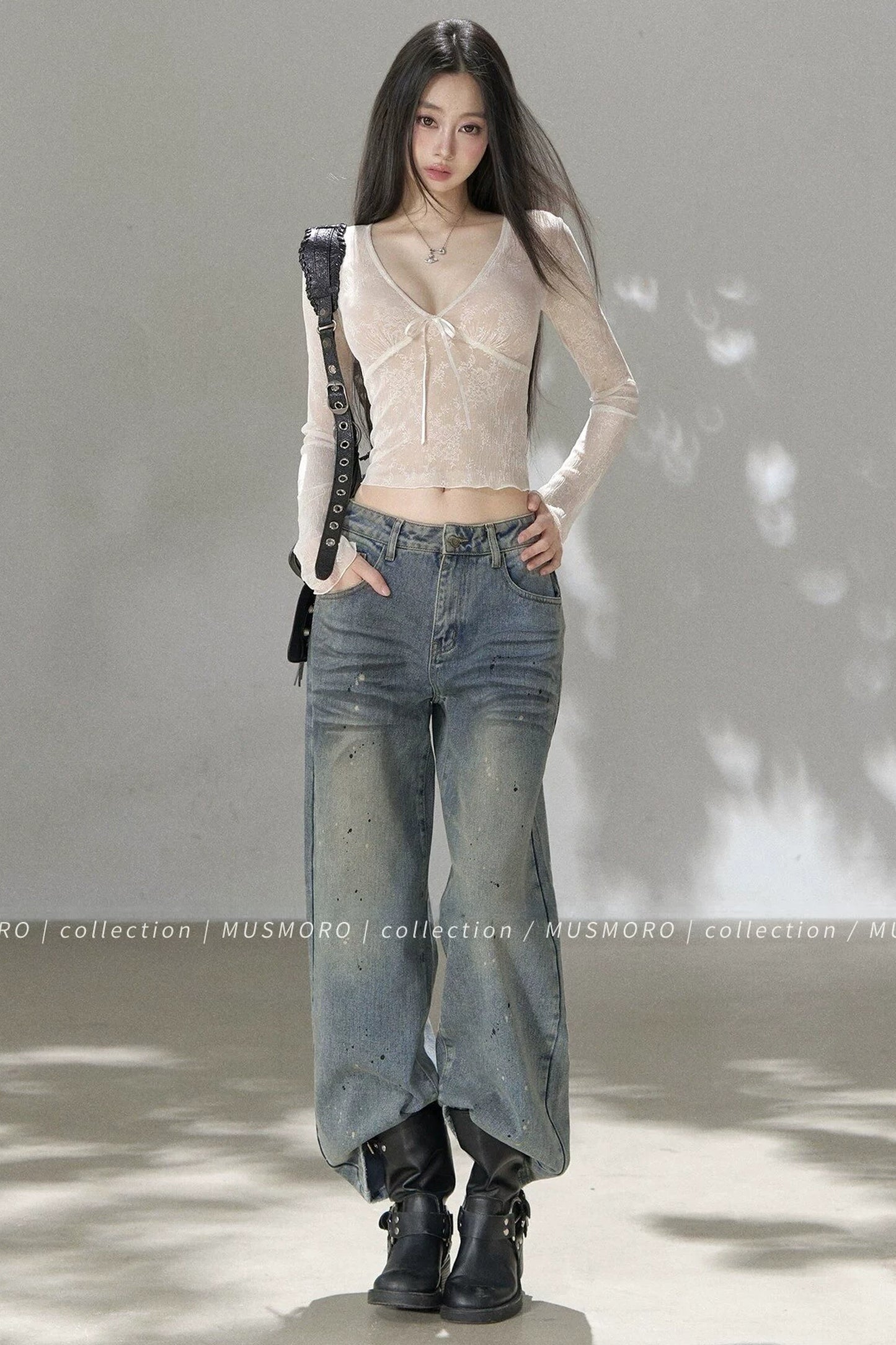V-Neck Bow Tie Lace Top