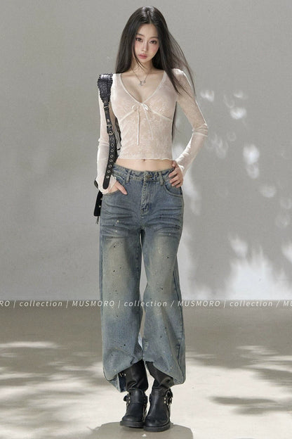 V-Neck Bow Tie Lace Top