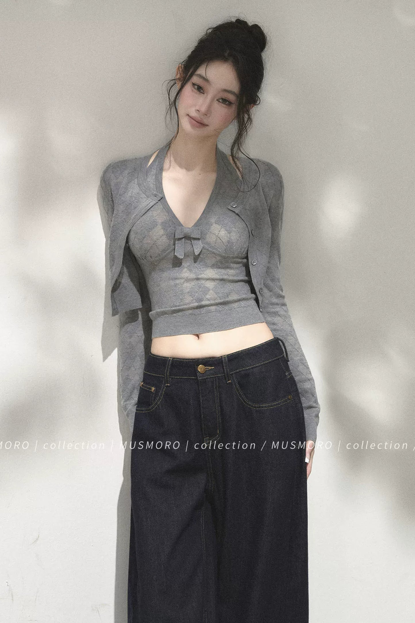 Grey Argyle Knit Cardigan With Camisole Set-Up