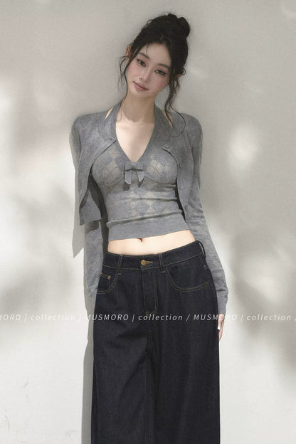 Grey Argyle Knit Cardigan With Camisole Set-Up