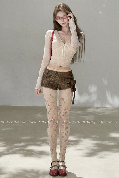 V-Neck Bow Tie Lace Top