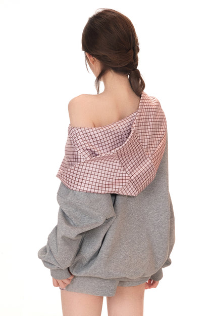 Gray Plaid Patchwork Sweatshirt and Shorts Set-Up