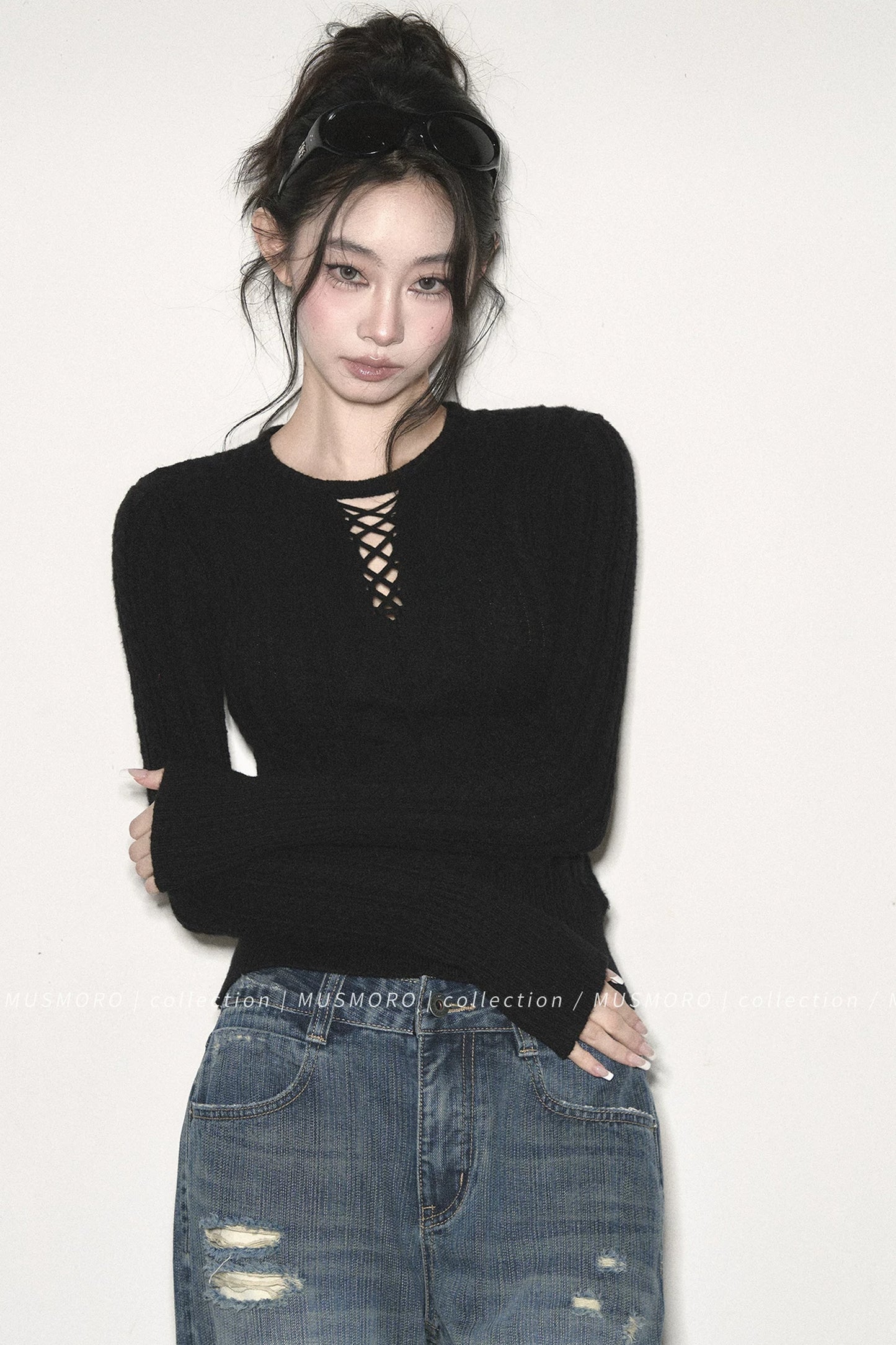 High-Stretch Lace-Up Knit Top