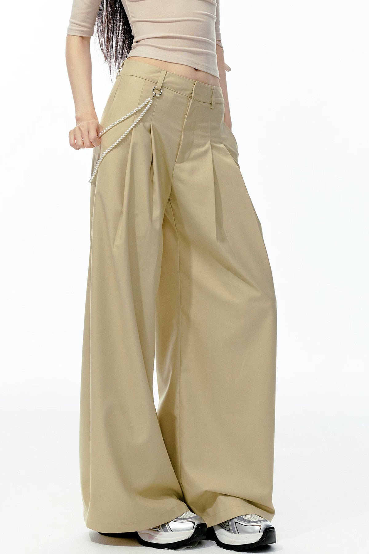 Detachable Pearl Chain Wide-Leg Pants