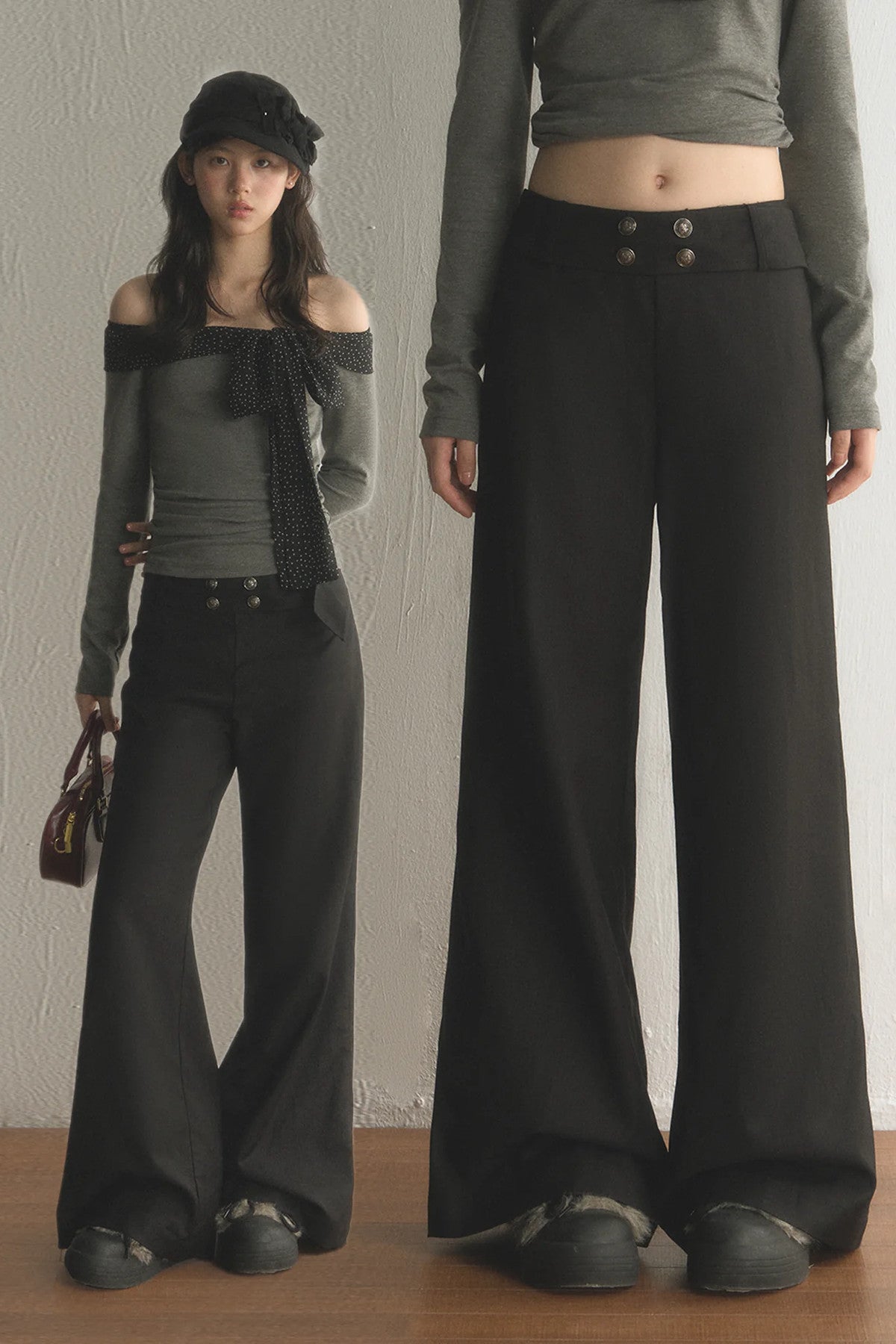 Multi-Button High-Waisted Layered-Look Top and Pants Set-Up