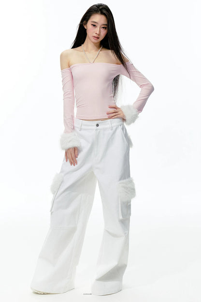 Pearl Halter Detachable Fur Knit Top