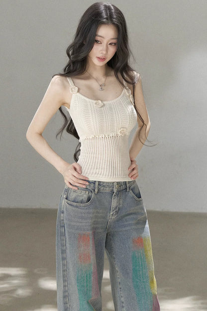 Handmade 3D Flower Hollow Knit Camisole