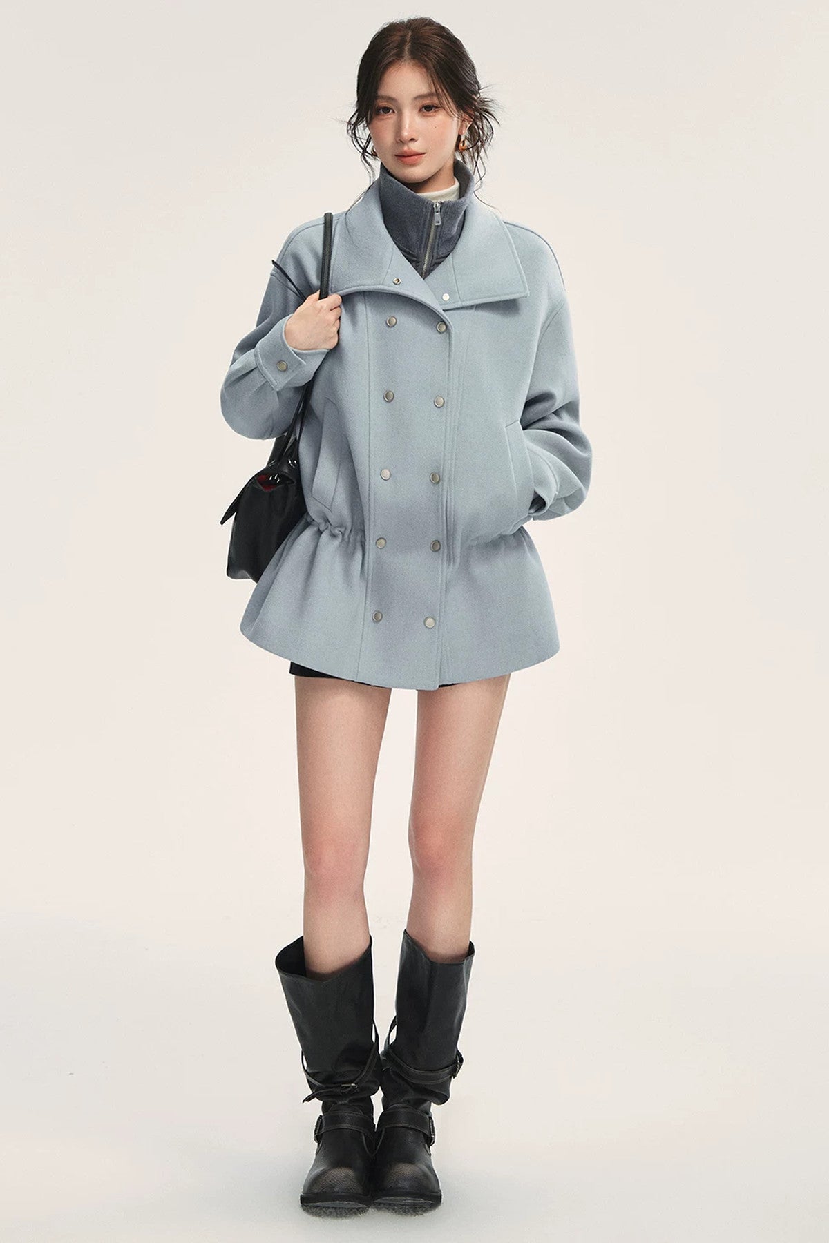 Blue Oversized Dropped Shoulder Double-Breasted Woolen Jacket